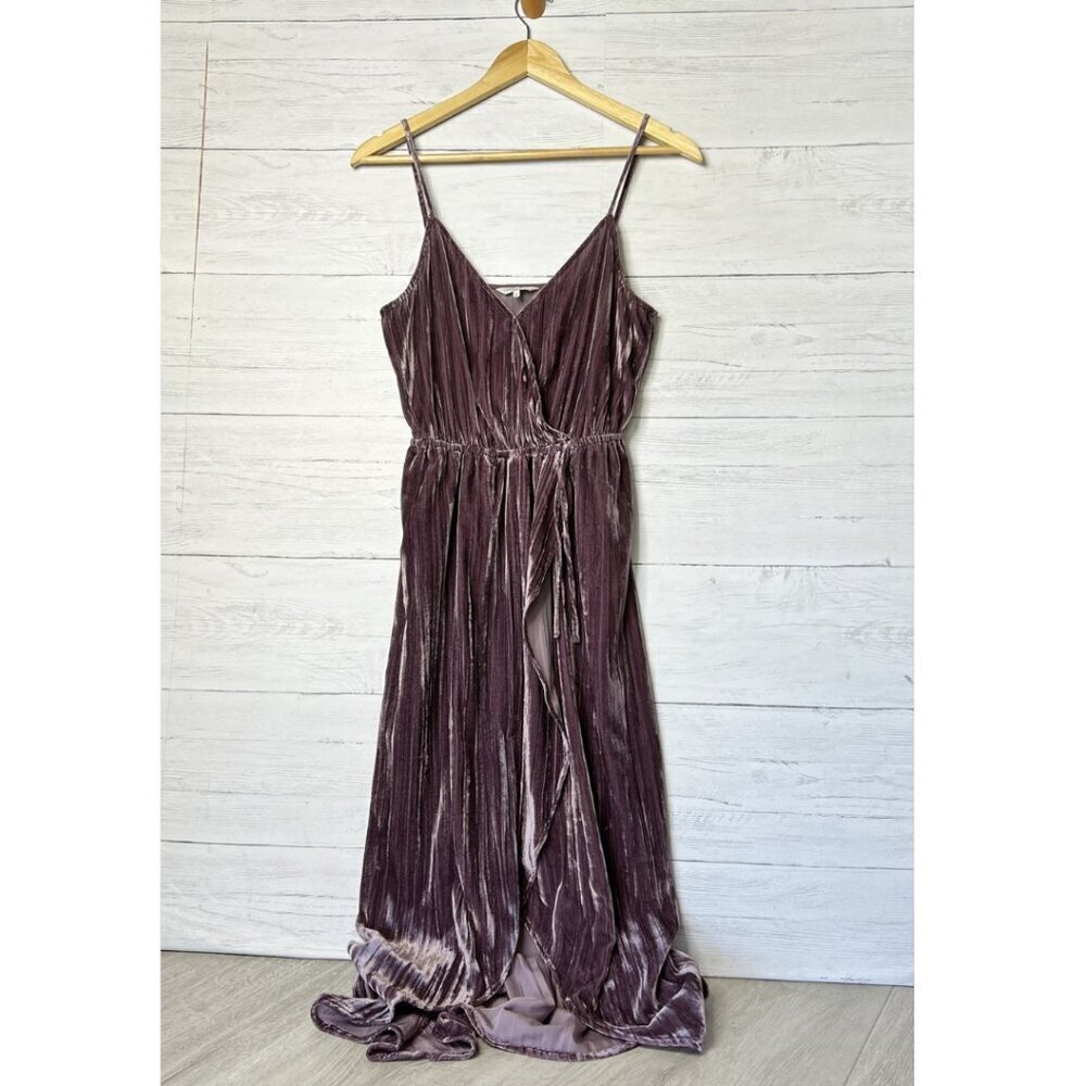 Lucky Brand Dress Womens Size XS Mauve Purple Faux Wrap Velvet Maxi Tulip Hem
